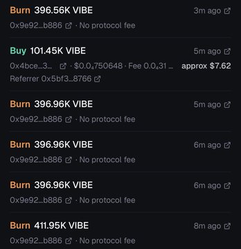 A transaction history list showing multiple 'Burn' and 'Buy' operations of VIBE tokens with addresses like 0x9e92...b886, including a Buy of 101.45K VIBE for approx $7.62.