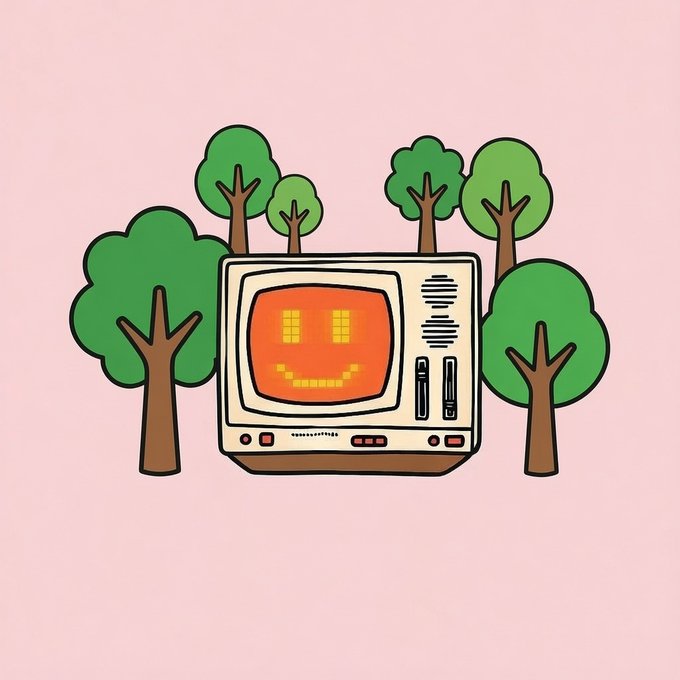 A vintage cream-colored television set with an orange pixelated smiley face sits among green cartoon trees against a pink background, visually embodying the "famitree" community theme referenced in the post alongside the $MfT ticker.