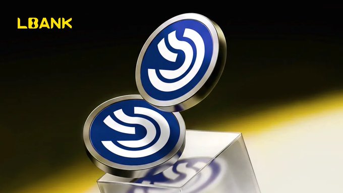 A promotional image for LBANK featuring two stacked blue and silver tokens with an "S" logo displayed on a reflective block.