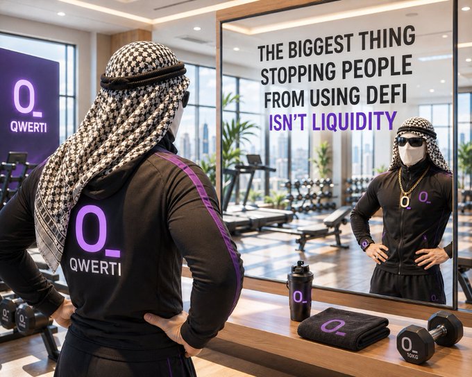 A man wearing a checkered keffiyeh and QWERTI-branded athletic apparel stands before a gym mirror that reads 'THE BIGGEST THING STOPPING PEOPLE FROM USING DEFI ISN'T LIQUIDITY.'