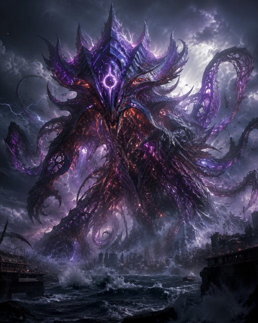 A colossal purple and violet Kaiju rises from stormy seas over a coastal city, its glowing tentacles and fiery core illuminating the dark sky—visualizing the awakened beast the clan follows as a force of liberation rather than destruction.