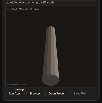 This image showcases a 3D model of a cannon, labeled "cannon.glb" and displaying "Loaded glb - 44 triangles - 72 vertices," which complements the "root 0.0.6 update" post by illustrating a new asset or feature within the application.