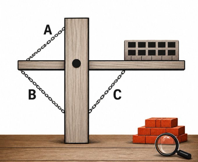 A wooden cross-shaped structure with three chains labeled A, B, and C supports a load of bricks on one side, while a pile of bricks sits on the ground nearby next to a magnifying glass—visually presenting a riddle about which chain would snap if the elevated bricks were to fall.

The image relates to the post by depicting a classic physics/brain-teaser scenario where chain A (top-left), B (bottom-left), and C (right) suspend a weighted beam, prompting the question of which would fail under the falling brick load.