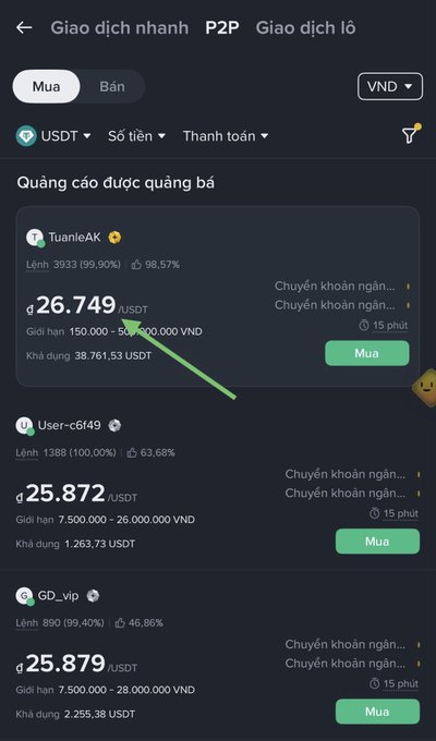 A screenshot of a Vietnamese cryptocurrency P2P trading platform showing USDT buy offers from various users, with a green arrow pointing to a price of 26,749 USDT.