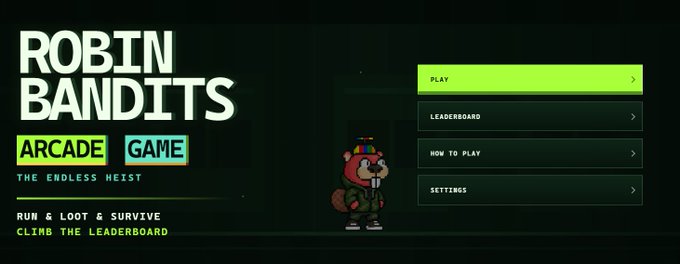 Title screen for the arcade game 'Robin Bandits' with menu options for Play, Leaderboard, How to Play, and Settings alongside a cartoon raccoon character.