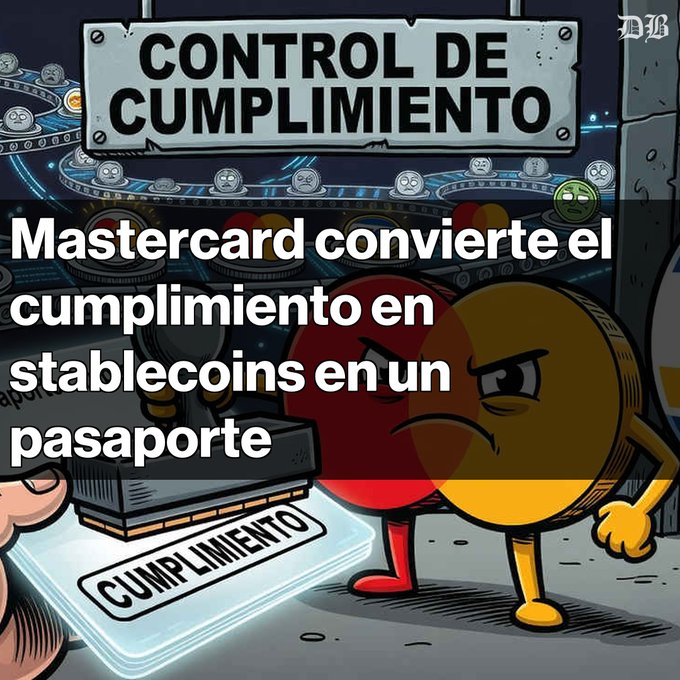 The image is a cartoon illustration depicting a "CONTROL DE CUMPLIMIENTO" (Compliance Control) checkpoint, featuring an angry coin character stamping a passport-like document labeled "CUMPLIMIENTO," with other sad coins waiting in line, visually representing the compliance bottleneck that the accompanying post says Mastercard's new Crypto Credential program aims to eliminate for stablecoin transfers.