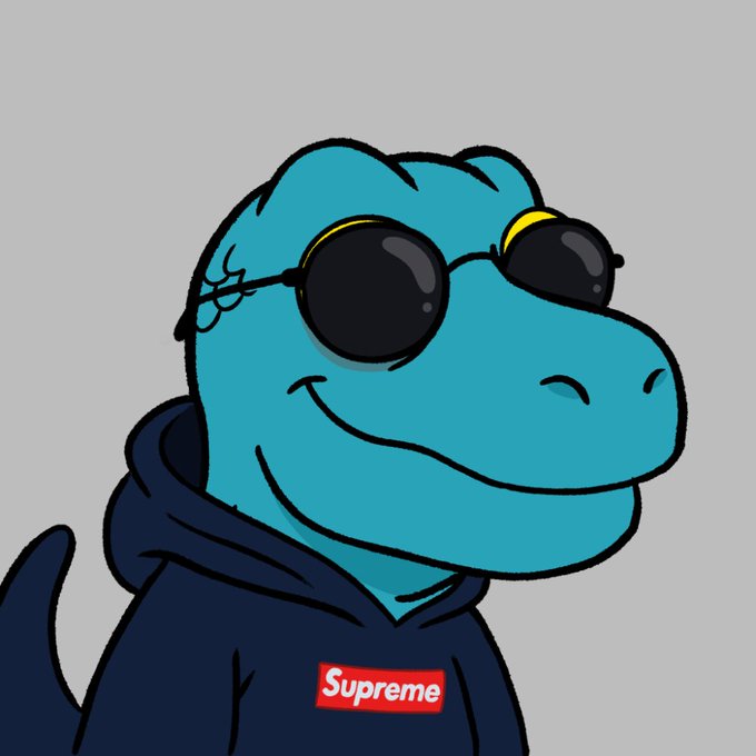An illustration of a smiling blue dinosaur wearing black sunglasses and a navy Supreme hoodie.
