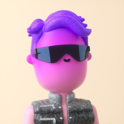A 3D-rendered pink-skinned character with purple hair wearing futuristic dark sunglasses and a black vest.