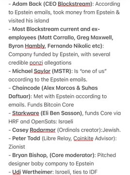 A text document listing various cryptocurrency industry figures and their alleged connections to Jeffrey Epstein, including Adam Back, Matt Corallo, Greg Maxwell, Byron Hambly, Fernando Nikolic, Michael Saylor, Alex Morcos, Suhas Daftuar, Eli Ben Sasson, Casey Rodarmor, Peter Todd, Bryan Bishop, and Udi Wertheimer.
