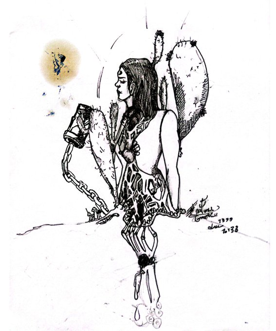 A black and white ink illustration depicts a stylized figure with a cactus, holding a chained hourglass, signed 'June 2023'.