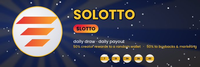 A promotional banner for 'SOLOTTO' featuring its logo, a tagline for 'daily draw · daily payout', and numbers 7, 13, 24, 36, 42.