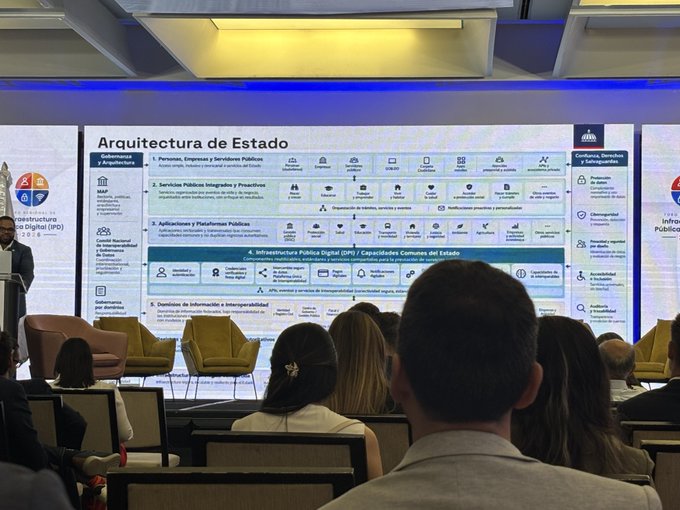 The image shows a conference or workshop presentation titled "Arquitectura de Estado" (State Architecture), displayed in Spanish, outlining a framework for digital public infrastructure including citizens, services, public companies, and digital identity. The presentation is being delivered to an audience seated in rows of chairs, with the speaker at a podium on the left side, illustrating the workshop mentioned in the post about Vana's initiative in the Dominican Republic to enable its 11 million citizens to manage their data across government and private sector services.