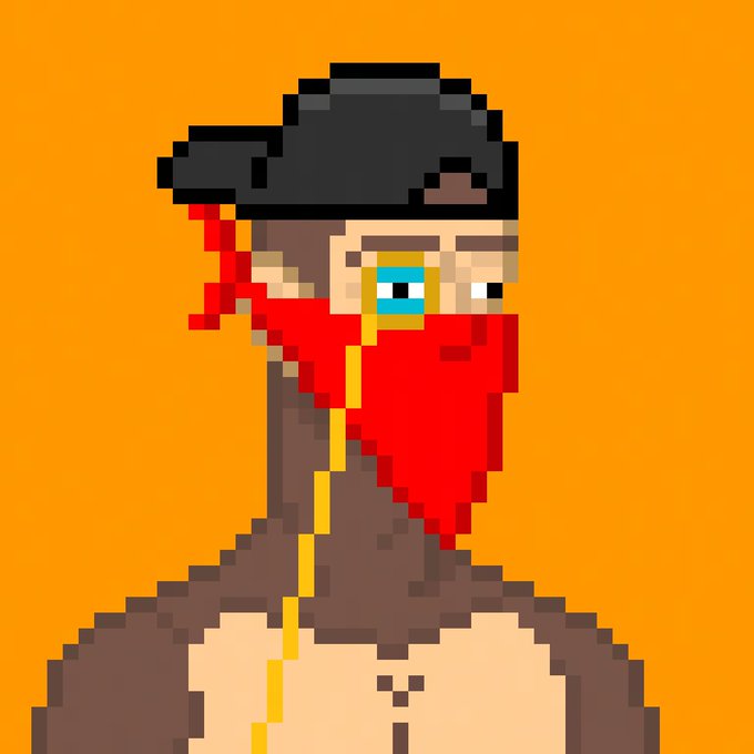 A pixel art character with a black hat, red beard/bandana, and yellow eye is depicted against an orange background.