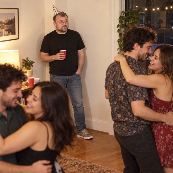 A man wearing a party hat stands alone holding a red cup at what appears to be a party, while couples dance and embrace around him.