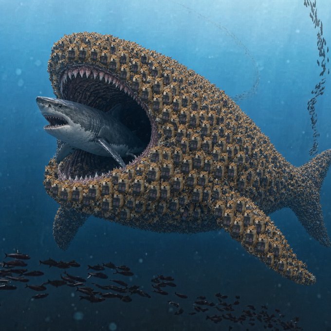 A surreal digital artwork depicting a massive great white shark composed of small houses and buildings, with its mouth open to reveal a smaller shark swimming inside, surrounded by tiny fish in the ocean.