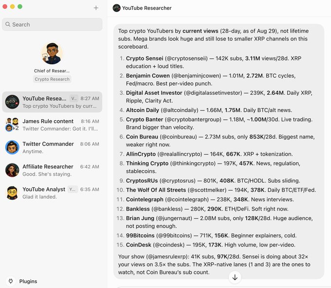 The image shows a chat interface where "YouTube Researcher" shares a ranked list of the "Top crypto YouTubers by current views (28-day, as of Aug 29)," with Crypto Sensei (@cryptosenseii) topping the list at 3.11M views/28d from 142K subs, while noting that mega brands like Coin Bureau (2.73M subs) underperform compared to smaller XRP channels—directly supporting the topic "Crypto YouTubers" by quantifying viewership performance across major crypto content creators.