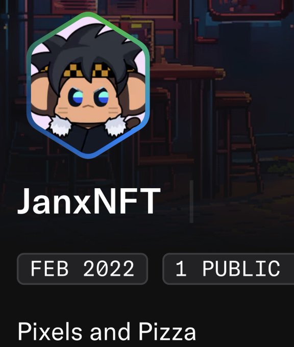 An NFT profile card for 'JanxNFT' dated 'FEB 2022', displaying 1 public item titled 'Pixels and Pizza', featuring a chibi-style monkey avatar.