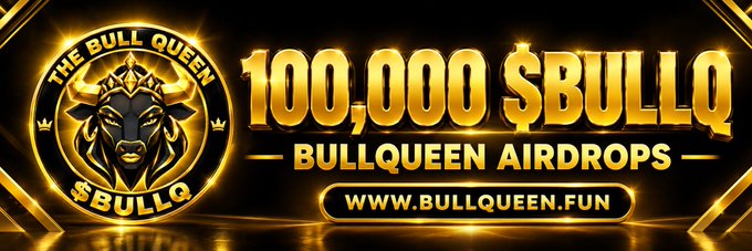 A promotional banner for the "Bull Queen" ($BULLQ) airdrop on Solana, featuring a golden bull emblem and bold text announcing "100,000 $BULLQ - BULLQUEEN AIRDROPS" alongside the website www.bullqueen.fun, which corresponds to the giveaway details in the post.