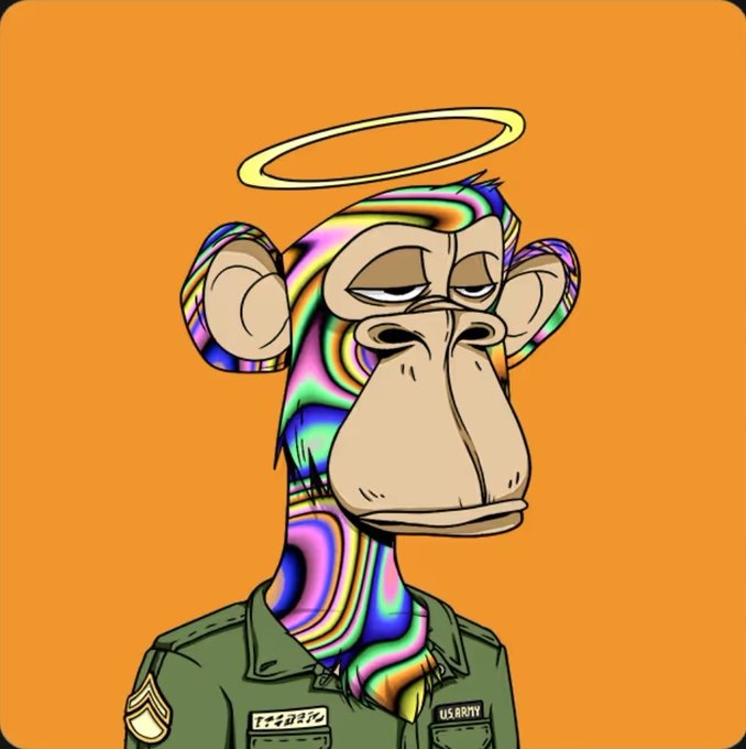 A digital artwork of a Bored Ape-style monkey character with a colorful iridescent face, wearing a military uniform with sergeant rank insignia and a 'U.S. ARMY' name tag, topped with a yellow halo on an orange background.