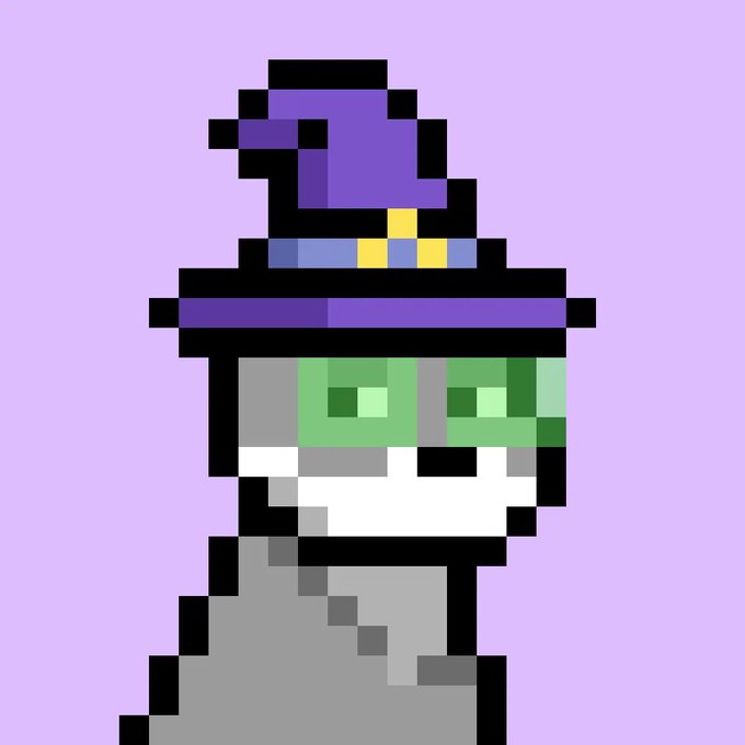 A pixel art character with a purple wizard hat and green dollar sign glasses on a light purple background.