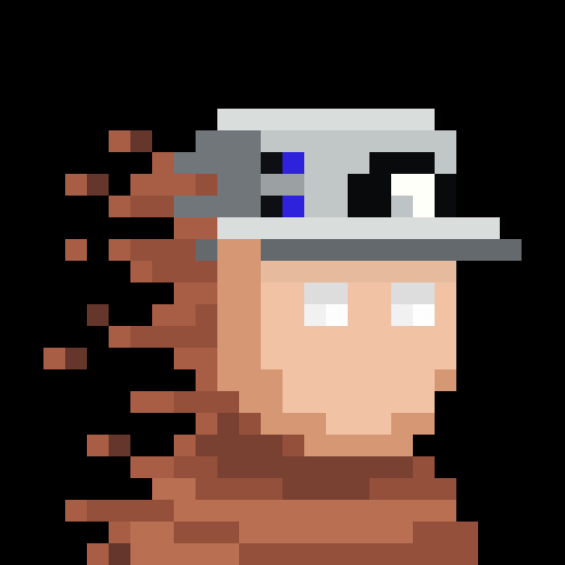 Pixel-art digital artwork depicting a character's face with white blank eyes wearing a white/blue tech visor headset, with red and brown pixels dispersing/dissolving to the left side against a black background.