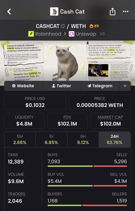 A cryptocurrency tracker page for "Cash Cat" (CASHCAT/WETH) showing a price of $0.1032 USD and 0.00005382 WETH, with a market cap of $102.0M and 63.76% 24H gain.