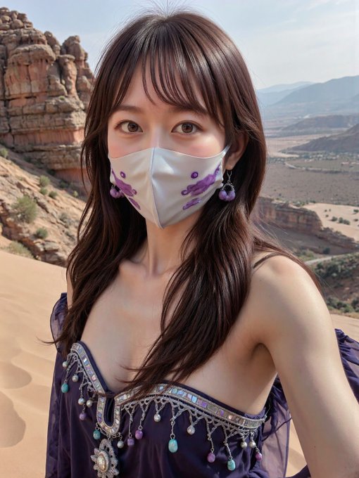 A woman with long dark hair wearing a purple decorated top, purple earrings, and a gray face mask with purple designs, standing in a desert landscape with red rock formations in the background.