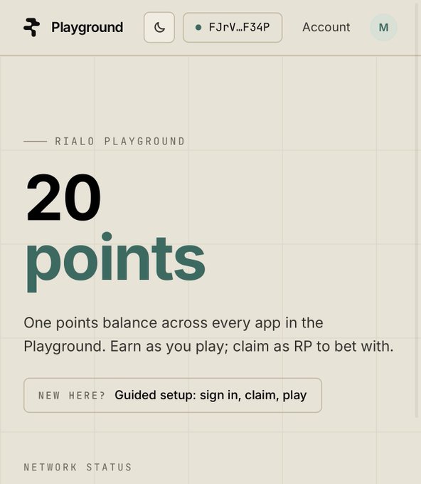 A Rialo Playground interface showing a '20 points' balance with text explaining 'One points balance across every app in the Playground.'