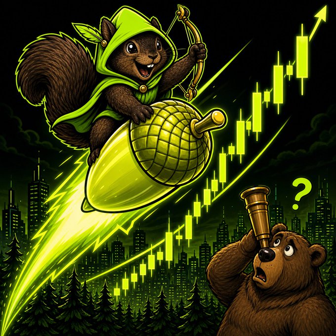 A cartoon squirrel in a green hood ("NutBandit") rides an acorn-rocket soaring upward alongside a green candlestick chart, while a confused bear with a telescope watches from below, visually capturing the post's announcement that $BNUT is being listed on DexScreener with bullish momentum overtaking the market.