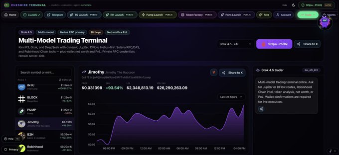 Screenshot of the 'Grok 4.5 Multi-Model Trading Terminal' on chainsight showing a $Jimothy memecoin chart with a price of $0.031398 and market cap of $26,290,263.09.