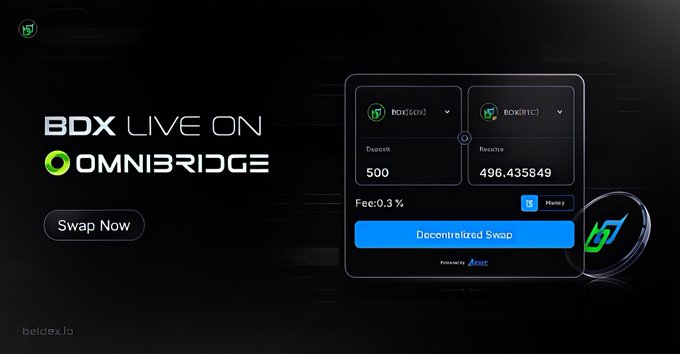 A promotional graphic displays 'BDX LIVE ON OMNIBRIDGE' with a swap interface showing BDX(Sol) and BDX(BSC) tokens, and a 'Decentralized Swap' button.