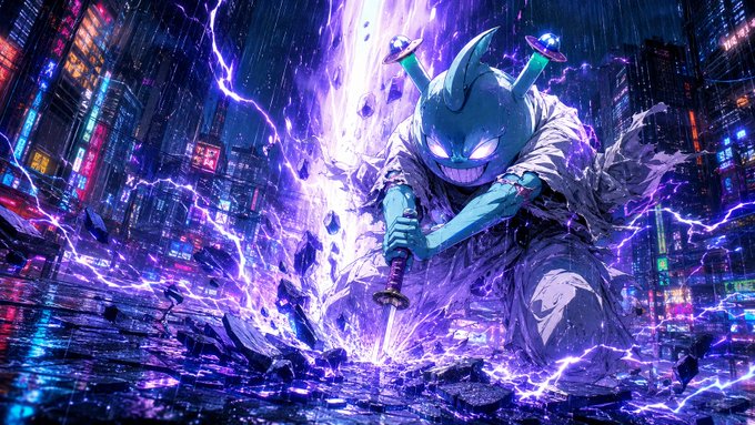An anime-style illustration of a blue, horned character wielding a sword amid purple lightning in a rainy neon cityscape.