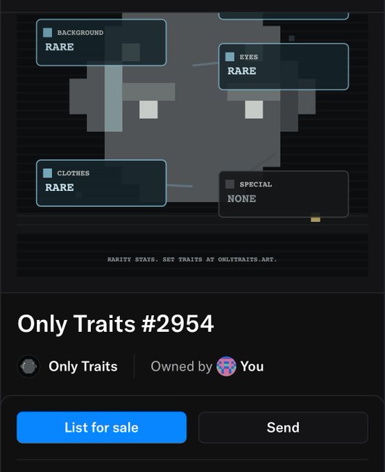 A screenshot of an OpenSea NFT listing for "Only Traits #2954," showing the token's rare background, eyes, and clothes traits but no special trait. The image illustrates a secondary market purchase, aligning with the post's mention of buying from the secondary market on OpenSea.