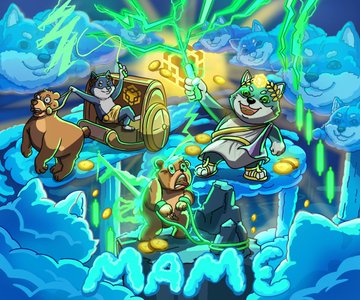 A vibrant cartoon illustration depicting anthropomorphic Shiba Inu dogs in mythological Greek attire—Zeus wielding lightning from a chariot, Athena with a glowing trident, and Poseidon emerging from the waves—above the stylized "MAME" logo. The artwork visually represents the post's call to "save meme culture" through a creative challenge, blending meme coin branding with classical hero imagery.