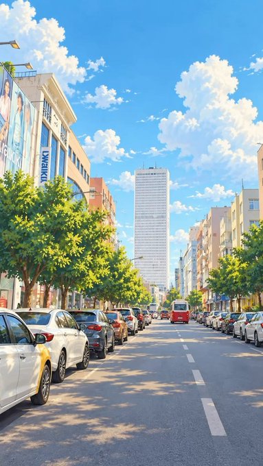 A sunny urban street lined with parked cars and trees, looking toward a tall skyscraper under a bright blue sky with scattered clouds.