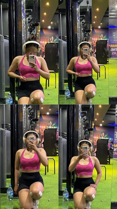 A four-panel collage of mirror selfies showing a woman in a pink sports bra and black shorts working out in a gym.
