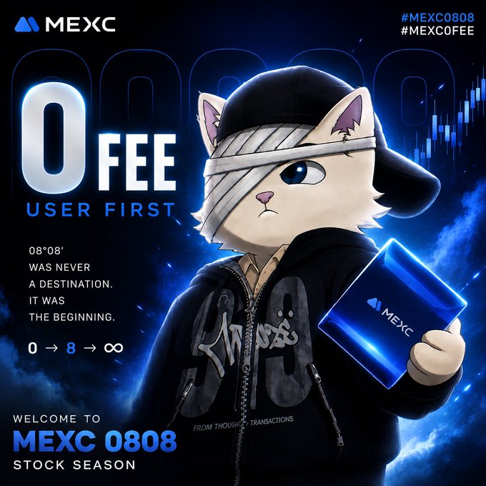 A promotional teaser image for MEXC's 0808 event featuring an anime-style cat character wearing a backwards cap and holding a glowing MEXC cube, with prominent "0 FEE USER FIRST" text and the tagline "08*08 WAS NEVER A DESTINATION. IT WAS THE BEGINNING," aligning with the post's discussion of MEXC's zero-fee trading direction and the 0808 Stock Season.