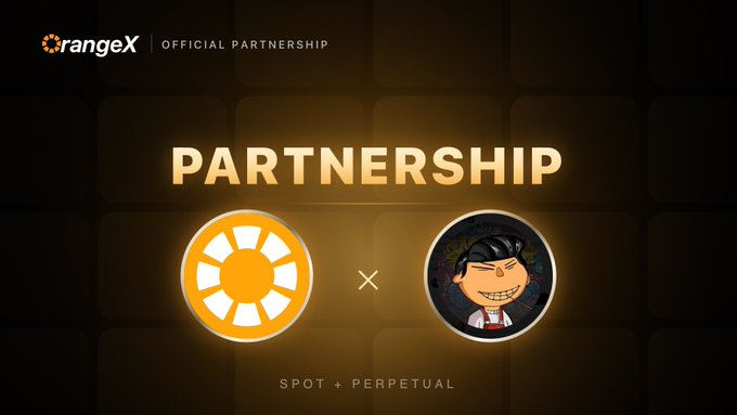 A promotional graphic announcing the "OFFICIAL PARTNERSHIP" between OrangeX and Emnirex, featuring the OrangeX logo and a cartoon avatar side-by-side under the large "PARTNERSHIP" text, with "SPOT + PERPETUAL" indicating the trading services offered, aligned with the post's message about signing up for rewards up to 5940 USDT.
