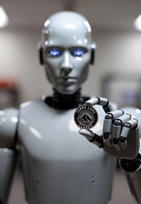 A humanoid robot with glowing blue eyes holding out a black Terra Luna Classic (LUNC) cryptocurrency coin toward the camera in a close-up shot.
