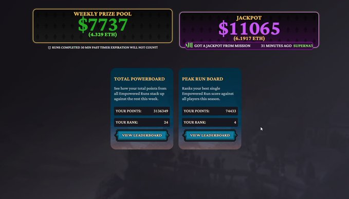 A gaming interface displaying a Weekly Prize Pool of $7,737 (4,329 ETH), a Jackpot of $11,065 (6.1917 ETH), and leaderboards for 'Total Powerboard' (rank 24) and 'Peak Run Board' (rank 4).