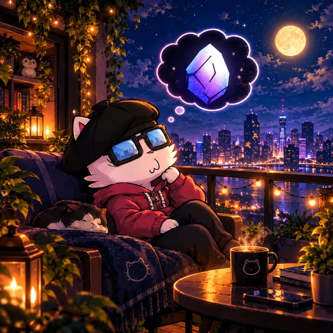 An anime-style illustration of a white cat character wearing a black cap, sunglasses, and a red hoodie, lounging on a balcony at night with a city skyline view, a thought bubble containing the Ethereum logo, and a cat-shaped coffee mug on the table.
