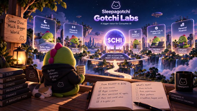 A promotional graphic for "Sleepagotchi Gotchi Labs" featuring green dinosaur-like characters, a central "$CHI" token, and various app features like "Health & Wellness," "Fitness & Exercise," and "Productivity & Daily Life."