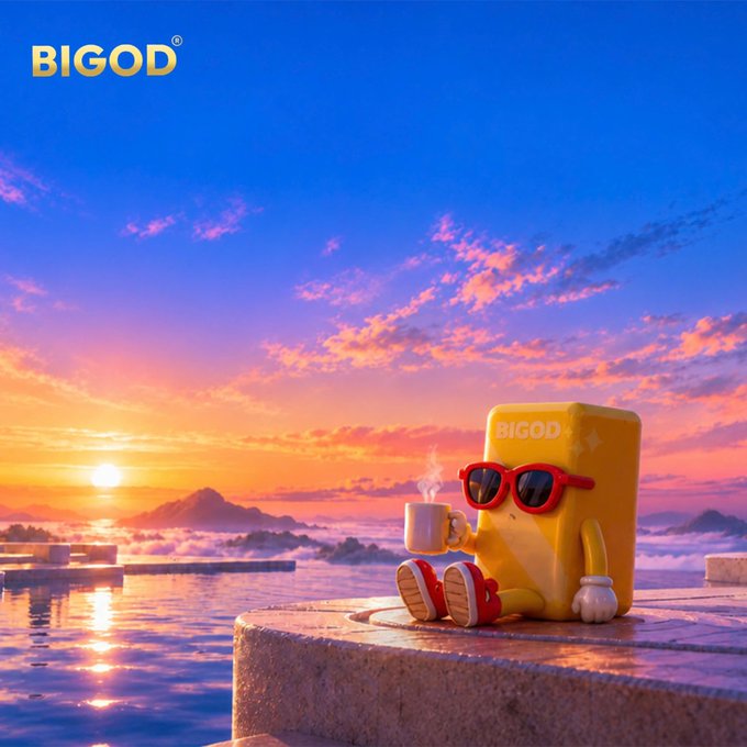 A 3D rendered advertisement featuring the "BIGOD" brand, showing a yellow block-like character wearing red sunglasses sitting by a sunset seascape with a coffee mug.