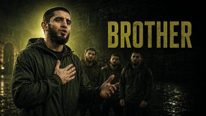 A dramatic promotional image for 'BROTHER' showing a bearded man with his hand on his chest in the foreground and three other men behind him in a dark setting.