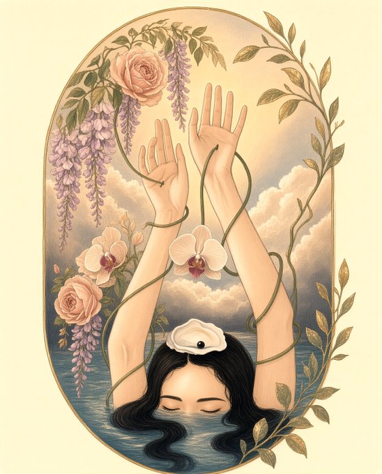 Surreal illustration of a woman partially submerged in water with an oyster on her forehead, her arms raised upward, framed by roses, orchids, and trailing vines within an oval border.