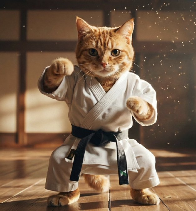An orange tabby cat in a white karate gi with a black belt stands in a fighting stance on a wooden dojo floor, with dust or snow particles drifting through the air. The image reflects the post's message of disciplined patience and emotional mastery, as the focused feline embodies the calm, controlled mindset needed to weather volatile markets.