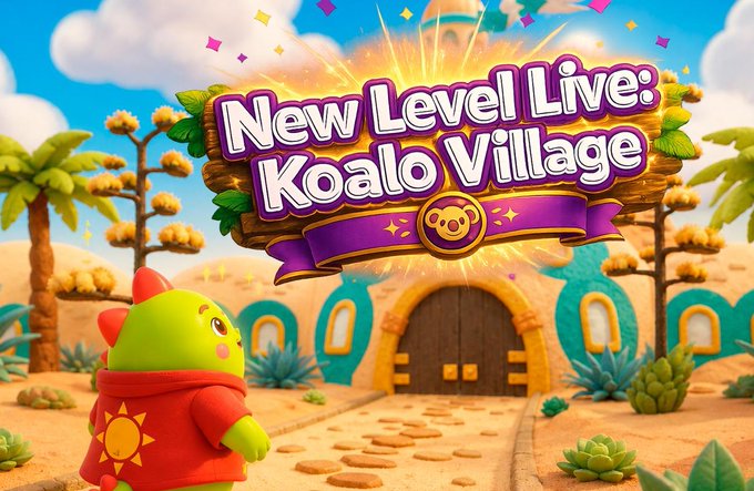 A colorful game promotional image showing a green character looking toward a village entrance, with a banner reading 'New Level Live: Koalo Village'.