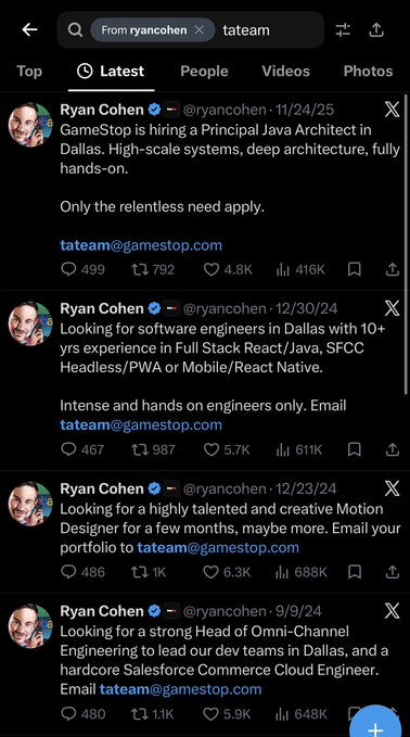 A screenshot of Ryan Cohen's (@ryancohen) X profile showing multiple job postings from late 2024 for GameStop engineering positions in Dallas, with all contact emails directed to "tateam@gamestop.com." The posts are dated 11/24/25, 12/30/24, and 12/23/24, highlighting the recurring "tateam" contact address referenced in the caption.