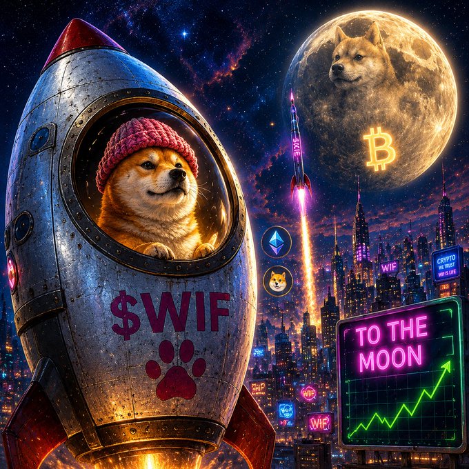 An AI-generated crypto meme featuring a Shiba Inu in a rocket labeled '$WIF', a Shiba-faced moon with a Bitcoin symbol, and a 'TO THE MOON' chart with an upward trending graph.