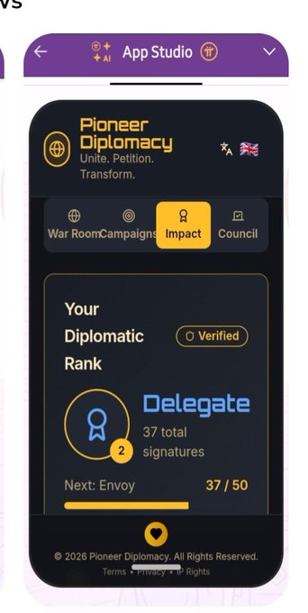 A mobile app interface for 'Pioneer Diplomacy' showing a 'Delegate' rank, 37 total signatures, with progress toward the next 'Envoy' rank at 37/50.